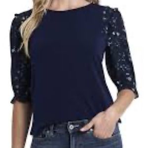 ❤️ CeCe Blouse. Navy Blue with Lace Sleeves